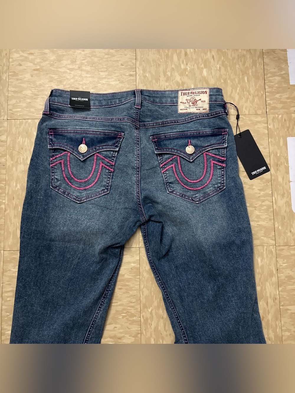 True Religion Women’s Boot Cut Jeans in Dark Blue with Pink Stitching